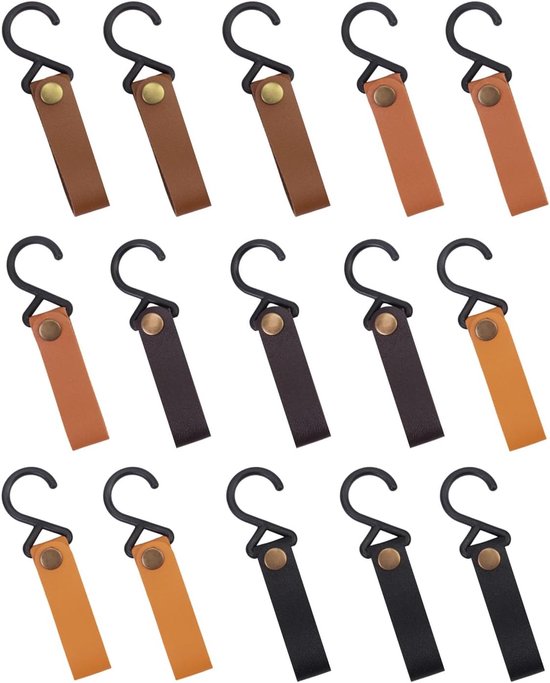 15 Pcs Leather S Hooks with Buckle, Camping Hooks Leather S Shape Pram Hook for Jackets, Towels, Bathroom - ShopVlot