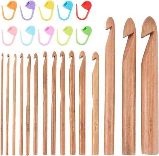 15 Stuks Enkele Punt Bamboe Haaknaalden Set met Steekmarkeringen voor Handgemaakte DIY Projecten, Haken en Breien van 3 tot 23 mm