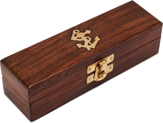 15x5x3,8cm houten kistje Massief houten kistje met stijlvolle messing sluiting in goudkleur maritieme decoratie kado 11627