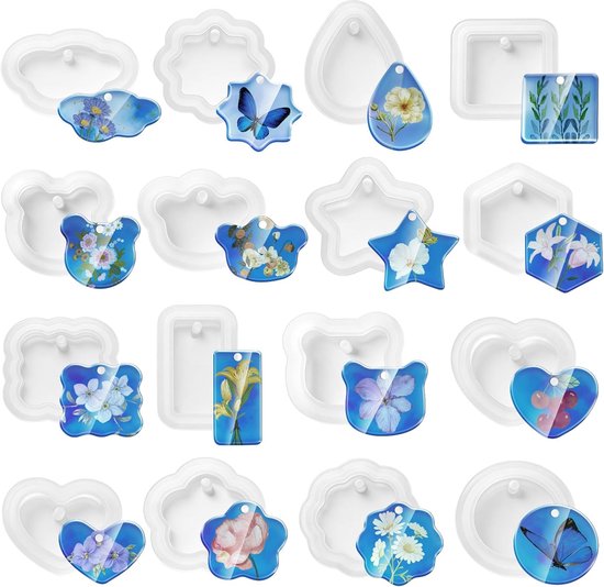 16-delige epoxyhars mal hangerset, gietvorm siliconen epoxyhars, hars siliconen mal voor sleutelhangers, hangers, sieraden, doe-het-zelf decoratie
