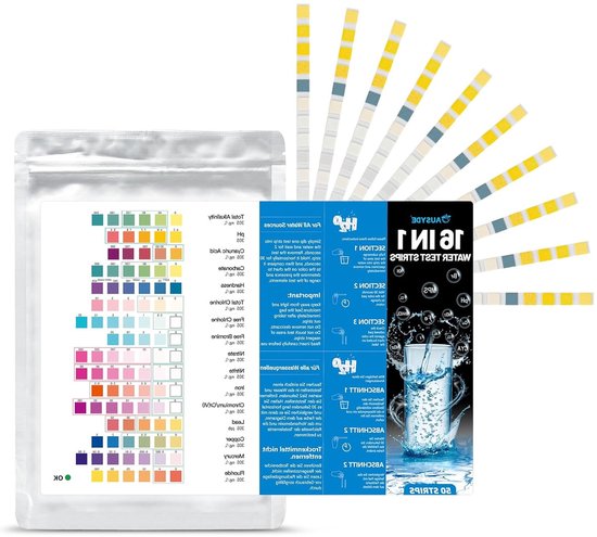 16-in-1 Water Tester voor Drinkwater, 50 Stuks Waterhardheid Teststrips, Meet Chloor, Ijzer, Koper, Lood en Nitraat Inhoud