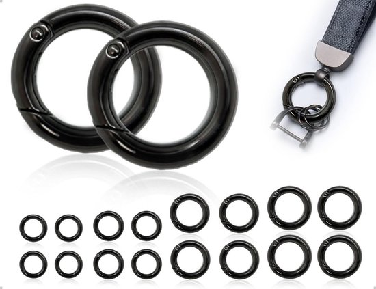 16 Stuks Karabijnhaken van Zinklegering, Ideaal voor Sleutelringen, Tassenaccessoires en Veersplitringen (Zwart, Rond) van Merkloos