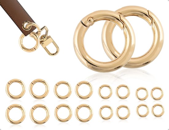16 stuks karabijnhaken voor doe-het-zelf handwerk, sleutelringen en tassenaccessoires, goudkleurig en rond