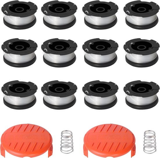 16 stuks lijnsnaartrimmer vervangende spoelset, onkruidverdelger cap, automatische voertrimmer, 0,07 inch, 30 ft, compatibel met zwart en Decker AF-100, 12 spoelen + 2 doppen + 2 veren