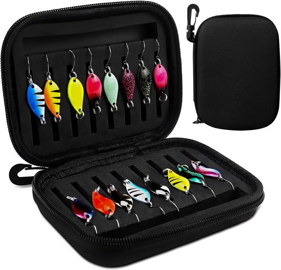 16 stuks mini vislepels set met houder - forel aas, carbide spinner voor baars, zalm en forel