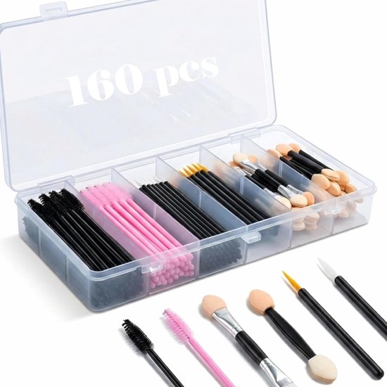 160 stuks make-upkwastenset, zwarte en roze wimperborstels, dubbelzijdige oogschaduwkwast met aluminium, eyelinerkwast, oogmake-up accessoires voor professionals en beginners
