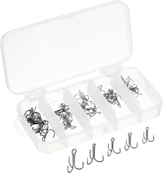 16#14#12#10#8# Treble Fishing Hooks Kit - Carbon Steel - Sharp Round Bend Hook - Triple Barbed Wire Hook voor Freshwater en Saltwater - Zwart van Unbranded