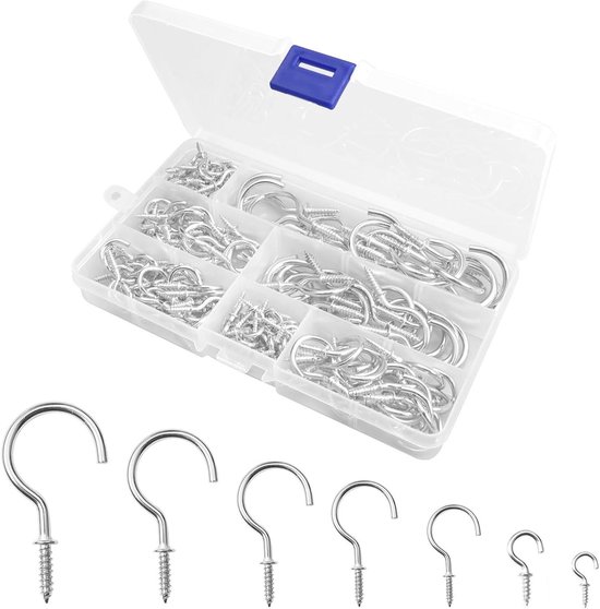162Pcs Ceiling Hooks Cup Hook Screws with Wood Thread Metal Hooks Twist Hook Screw-in Hooks Set - 7 Sizes/Silver van Merkloos