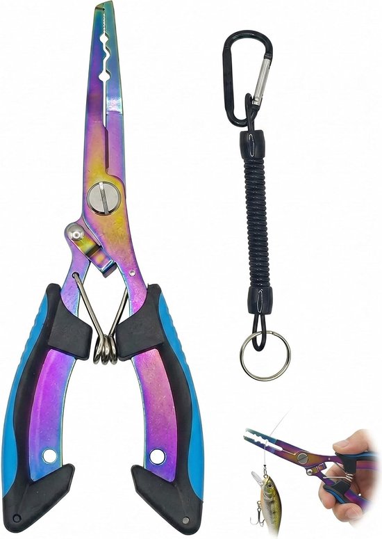 16,5 cm titanium visgereedschap in blauw-zwart, ideaal voor snoeren, haken en ringen, corrosiebestendig voor zout en zoet water, inclusief koord.