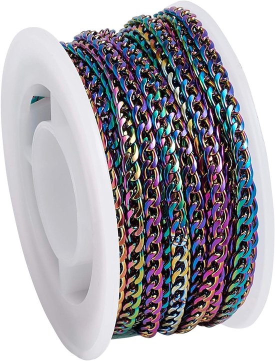 16FT 304 RVS Curb Chains Onbewerkte Kleurrijke Draaiverbindingen met Spoel voor Sieraden en Ambachten