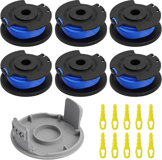 17 Delige Grastrimmer Spoel Set Compatibel met AC14RL3A AC14HCA, 6 Trimmer Spoelen met Spoelkap en 10 Kunststof Messen, Draadspoel voor 18V 24V 40V Trimmers