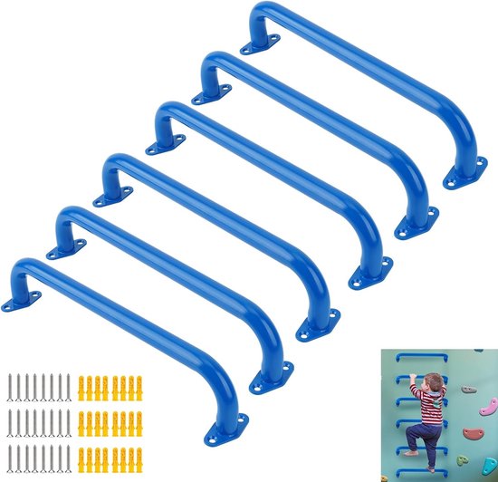 17 inch metalen speeltuin handgrepen, zware plafond grijpers voor binnenspeeltuinen, klimframes, apenrekken en wandladders; Matte textuur Safety Grip (blauw-6 stuks)