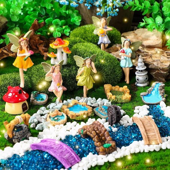 19 stuks Fairy Garden Accessoires Miniaturen Feeën Kabouter Figuren Hars Tuin Paddestoel Huis Figuren Nep Vijver Gazon Brug Beeldjes Terrarium Ornamenten Tuin Fairy Decoratie voor Buiten (Engel)
