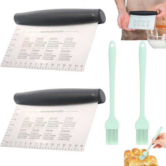 2 deegschrapers, deegsnijder met antislip rubberen handgreep en meetschaal, gebakschraper met 2 siliconen kwasten, deegschraper voor deegcake, pizza, bakgereedschap