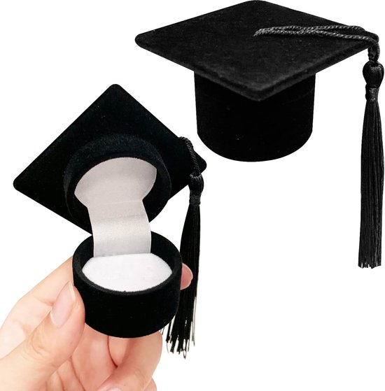 2-delige doktersmuts juwelendoos, afstudeercadeau doos afstudeerfeest cadeau doktershoed uniek ring doos voor afstuderen, afstudeerfeest, bruiloft, verjaardag, feestdag (Zwart, 6x6x3,7 cm)