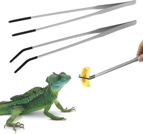 2-delige roestvrijstalen reptielen voederpincet set, 27 cm lange tweezers voor aquaria, rechte en gebogen pincetten met rubberen punt voor nauwkeurig voeren en knutselen