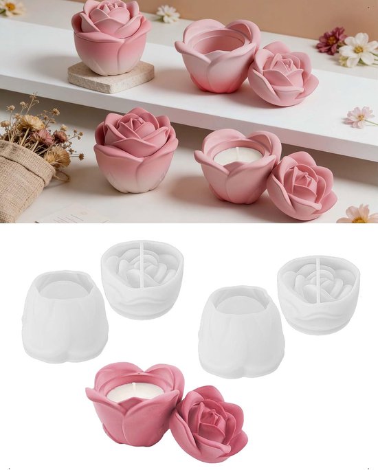 2-delige set siliconen bloemenkaarsenhouders, rozen gietvormen kaarsenvormen met deksel, rozen siliconen schaal gietvorm, lente- en zomerdecoratie voor zeep, kaarsen, DIY-decoratie