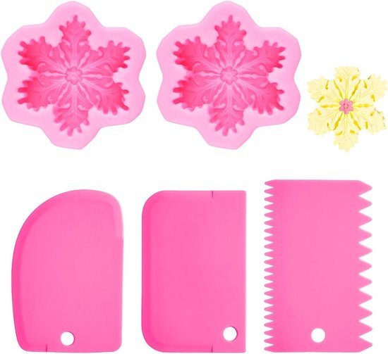 2-delige sneeuwvlokkenvormen en 3-delige roze schraper, creatieve siliconen vormen, kaarsvormen, bakvormen, handgemaakte decoraties