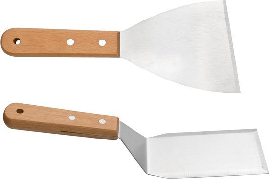 2-delige spatel met houten handvat, roestvrij staal, keukenspatel, hittebestendig, roestvrij, grillplaat, voor grillen, hamburgers, frituren en koken