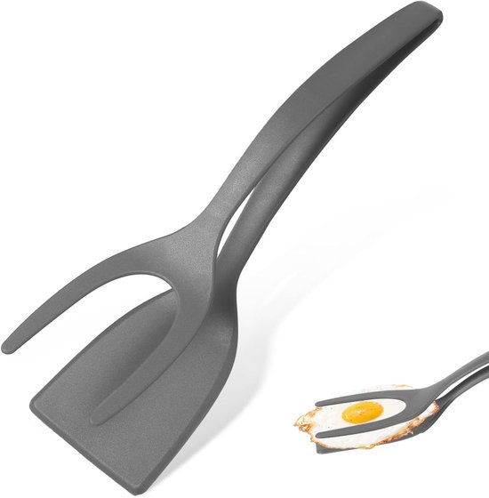2 in 1 Eierspatel, Antiaanbaklaag Nylon Gebakken Eierdraaiers 2 in 1 Spatel en Tang voor koken Omklapbare Spateltang Grillklemflipper 2 in 1 Schep Keukengereedschap voor Toast Taart (Grijs)