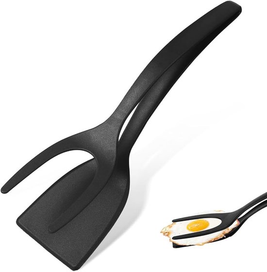 2 in 1 Eierspatel, Antiaanbaklaag Nylon Gebakken Eierdraaiers 2 in 1 Spatel en Tang voor koken Omklapbare Spateltang Grillklemflipper 2 in 1 Schep Keukengereedschap voor Toast Taart (Zwart)