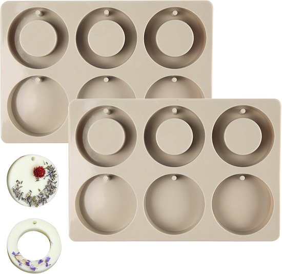 2 Pack 6-holte ronde siliconen mal met hangende gat kaars zeephars | Opknoping Gat Mould Non-Stick Hittebestendige Siliconen Mallen Voor DIY Aroma Kaarsen Handgemaakte Zeep Sleutelhangers