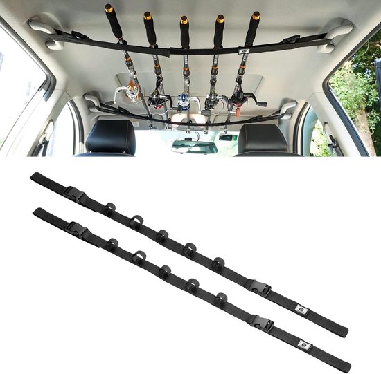 2 Pack Adjustable Vehicle Fishing Rod Holder - Easy Install Fishing Rod Rack - Fishing Car Rod Carrier Belt Strap for Long Travel and Fishing - SUV Wagons Van - Black