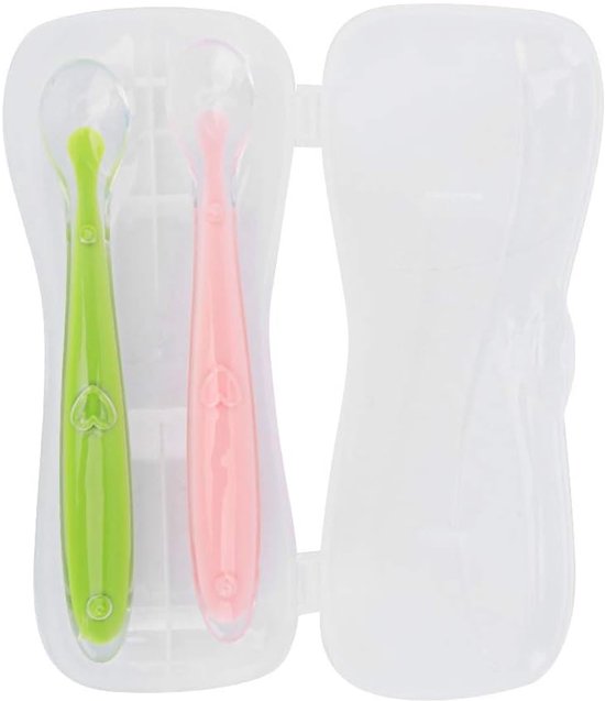 2-Piece Silicone Spoon Baby Training Spoon Soft with Box Children's Tableware Children's Learning Spoon Feeding Spoon for Babies from 4 Months Old (Green & Pink)