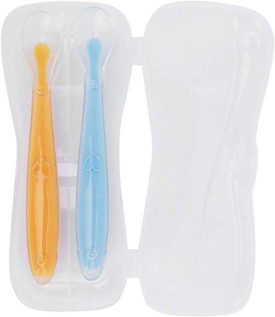 2-Piece Silicone Spoon Baby Training Spoon Soft with Box Children's Tableware Children's Learning Spoon Feeding Spoon for Babies from 4 Months Old (Yellow & Blue) van Merkloos