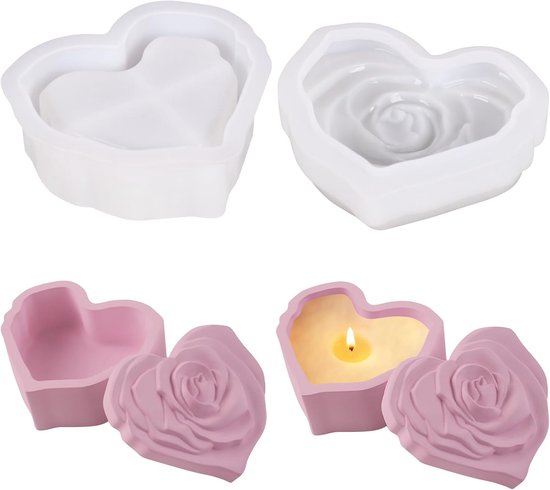 2 Stks/set Hart Jar Hars Mold Met Rose Deksel Bloem Vorm Doos Siliconen Mold Kaars Houder Mold Diy Sieraden Opslag Case Mold Hart Home Decor Epoxy Hars Ambachten Casting Mould