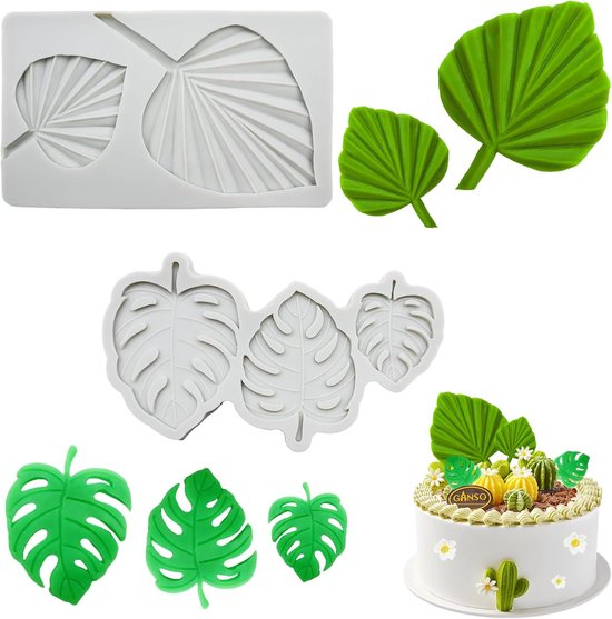 2 stuks 3D-siliconen vormen, bladeren, fondant, zelf gemaakt monstera-blad, gebruikt voor doe-het-zelf handwerk, brood, chocolade, suiker, flippping, gelei, zeep, taartdecoratie (grijs)