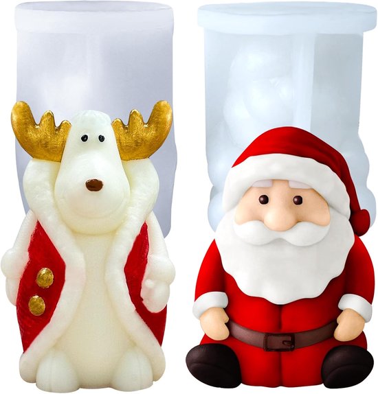 2 stuks 3D-siliconen vormen, kaarsvorm, gipsvorm, kaarsvorm, siliconen kaarsen zelf maken, kaarsen, vormen, doe-het-zelf, Kerstmis, ouderen, man, modeleland, siliconen vorm (grote kerstman + hert)
