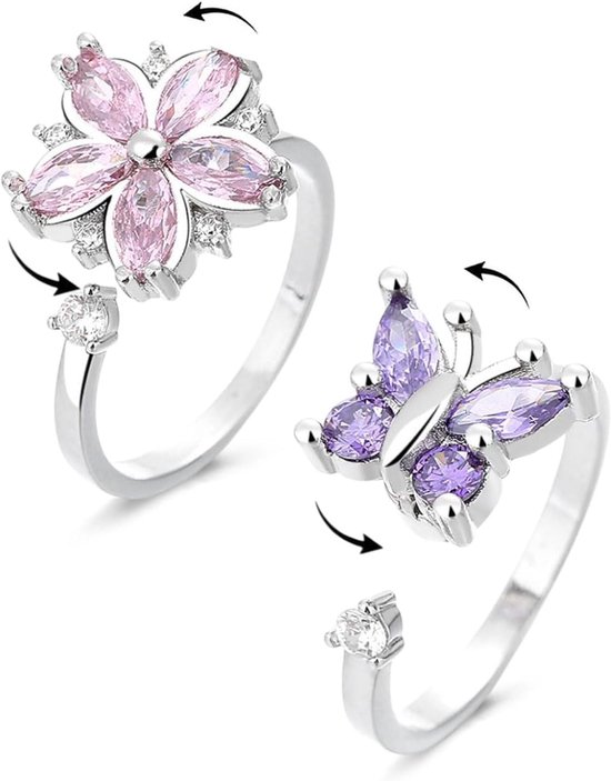 2 stuks Angst Ring Spinner Ringen Dames Zilveren Fidget, Verstelbare Anti Stress Met Kristal Zirkoon Bloemen Vletterling für MäDchen Herren Verjaardag-feest-geschenken