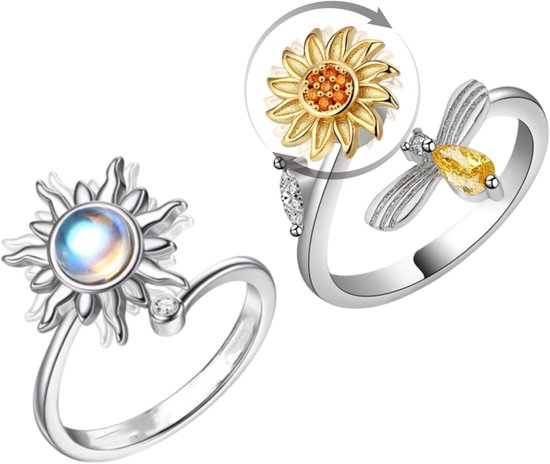 2 stuks anti-stress ring, draaibare fidget angst ring zonnebloem zon instelbare opening voor accessoires, ontspannen