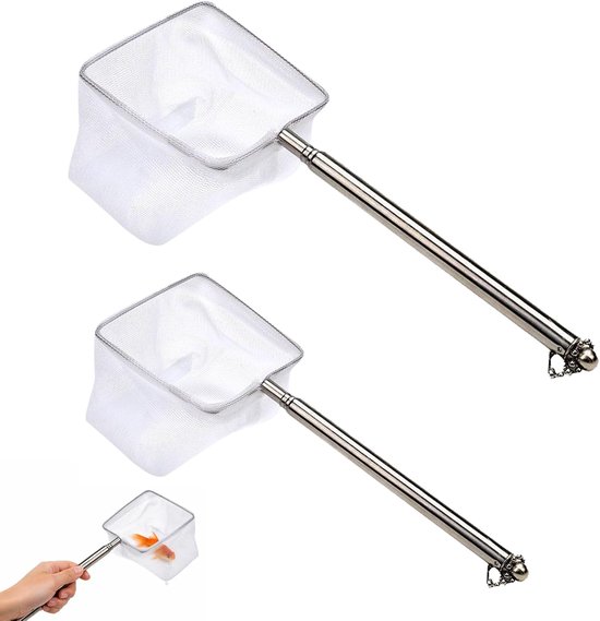 2 Stuks Aquarium Schepnet Vierkant, Fijn Gaas Garnalennet 6,5 cm en 8 cm, Telescopische Roestvrijstalen Handgreep 20-46 cm voor Aquarium en Kleine Vijver