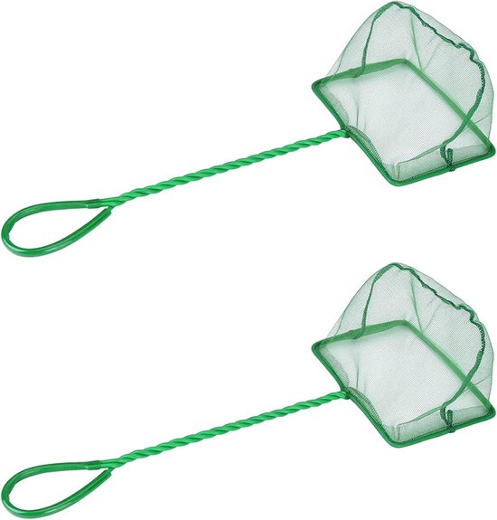 2 stuks aquariumnet, schepnet voor aquarium, fijnmazig visnet, scheurvast nylon visnet voor kleine vissen, met kunststof handvat, groen, 12 x 10,5 cm