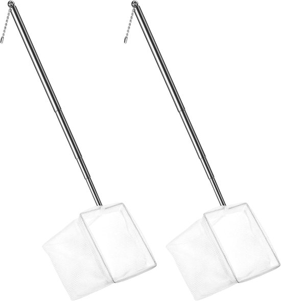 2 stuks aquariumschepnet klein aquariumnet 8 cm vierkant visschepnet met uittrekbare roestvrijstalen handgreep (13,5 cm - 39 cm), vangen van kleine vissen, garnalen voor aquaria, kleine vijvers