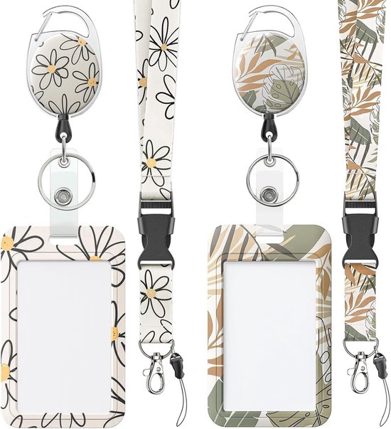2 Stuks Bloem Motief Badgehouder met Retractable Reel, Carabiner Clip en Afneembare Lanyard - Ideaal voor Vrouwen, Bescherming van Identiteitskaarten en Werkbadge