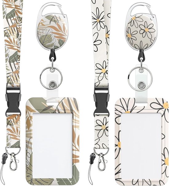 2 Stuks Bloem Motief Badgehouder met Retractable Reel, Carabiner Clip en Afneembare Lanyard - Ideaal voor Vrouwen, Veilig en Praktisch voor Identificatie en Toegangspassen van Merkloos