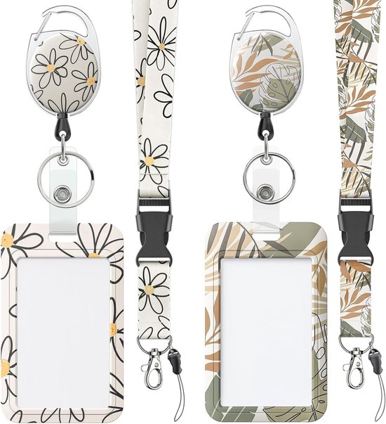 2 Stuks Bloem Motief Badgehouder met Uittrekbare Badge Reel, Karabijnhaak en Afneembare Lanyard - Duurzame Verticale Kaartbeschermer voor Vrouwen