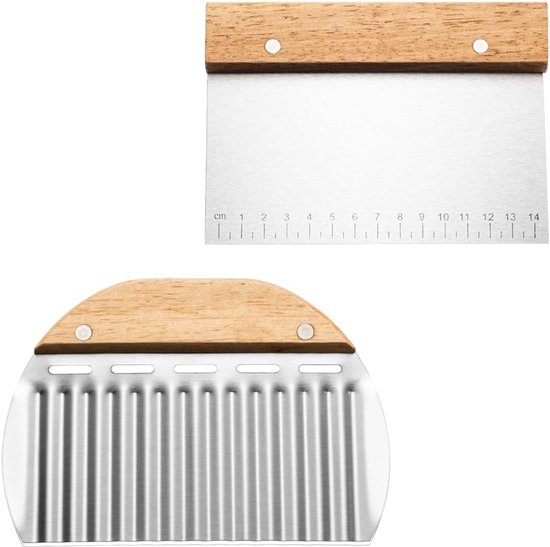 2 stuks, deegschraper met houten handvat en voedselveilig roestvrijstalen lemmet, bevat golvende vorm gebakschraper, voor deeg, pizza, nougat, cake, doe-het-zelf bakschraper