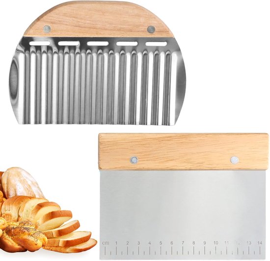 2 stuks deegschraper roestvrij staal, deegkaart met houten handvat en schaal, golfvorm keukenschraper, 15 cm deegsnijder roestvrij staal voor het snijden van deeg, brood, cake, groenten