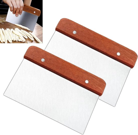 2 stuks deegschrapers roestvrij staal, 15 cm deegsnijder keukenschraper met houten handvat levensmiddelenkwaliteit keukenspatel deegspatel deegmes schraper keuken voor cake pizza brood snijden nougat