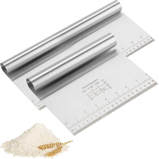 2 stuks deegschrapers van roestvrij staal, keukenspatel met meetschaal, 20/30 cm deegsnijder, anti-aanbak, deegkaart, roestvrij staal, groenteschep, keukenschraper voor deeg, fondant, brood