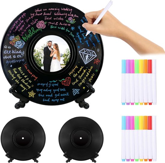 2 stuks Gastenboek Vinyl Plaat Alternatief voor Bruiloftsgastenboek Gepersonaliseerd Foto Gastenboek Alternatief met Pen en Houder voor Huwelijksdag, Verjaardag, Feest, Babyparty