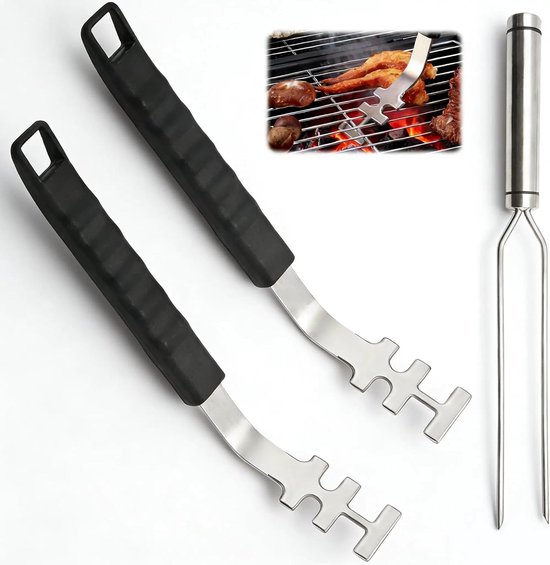2 stuks grillrooster handvat 27 cm, grillrooster handvat van roestvrij staal met een dikte van 3 mm, grillrooster handvatten met een 29 cm vork, voor gezinnen, camping en restaurants