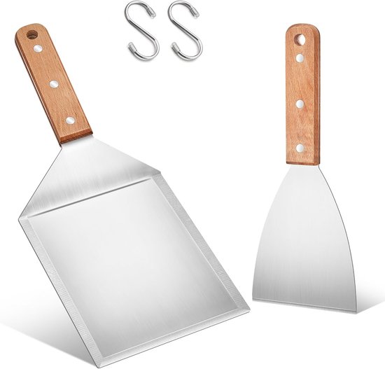 2 stuks grote roestvrijstalen grillspatel set - houten handvat | Plancha spatel en grillspatel voor smash burger, teppanyaki, BBQ-accessoires, grillgeschenken voor mannen
