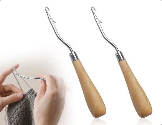 2 Stuks Haken met Houten Handvat, Gebogen Haaknaalden voor Haken, Knopen en Breien, Ideaal voor Perücken, Dreadlocks, Tapijten en Dekens