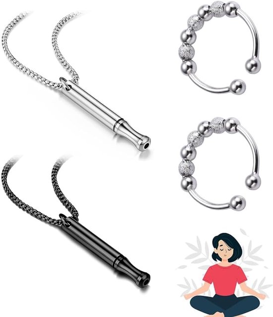 2 stuks halskettingen voor stressverlichting en ademsieraden, halsketting om te stoppen met roken, roestvrij staal, met 2 anti-stress-ringen