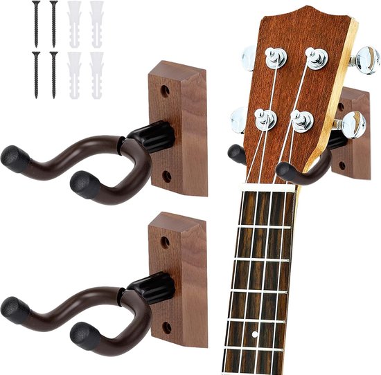 2 stuks hardhouten gitaarwandhouder, hangers: walnoothout, gitaarhouder voor aan de muur met siliconenslang en hardhouten basis, ukelele wandhouder voor akoestische gitaar, elektrische gitaren